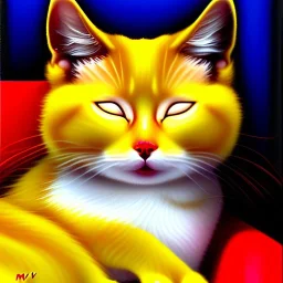 oil portrait of a yellow Cat Sleeping in a Red sofa by Joan Miró 8k