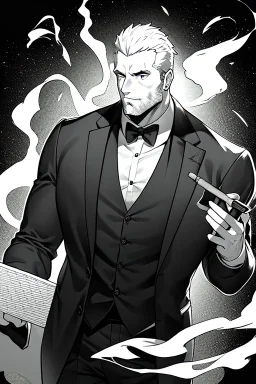 businessman smoke cigar in the dark, greyscale