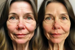 A selfie of a brunette woman, middle long hair, showing a 59-year-old European woman. She has brown hair, face without makeup, cute nose, detailed full lips, skin texture. Split screen and show on the right side the same face but without wrinkels and younger and more beautiful