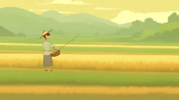 Rice field，Trees，Warm color palette，Animation，A lovely grasshopper，The laborer catches the grasshopper