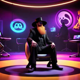 In a futuristic room, designed in a Pixar Disney style, a undertaker with a long beard is sitting on a chair. The floor has asu b tle shadow, adding depth to the image. The chair is placed at the center of the room, and the guy is dressed in stylish Easy rider fashion, including a cool hat. The entire picture exudes a creative and entertaining atmosphere, as Avatar