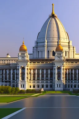 Huge parliament building with classical and modern architechture mixed pride paint covering the building