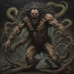 Creepy agonized hairy man starting to transform into another beastly form, kinetic body bending transformation, sinister horror art, by Leslie Kieu, eerie dark colors, sinister, hyperdetailed, matte oil painting.