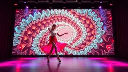 modern stage with a beautiful lady in modern clothing dancing, 3D recursive fractal structure animating background