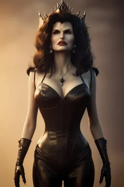 Geena Davis as evil queen in black leather, leather, busty, cleavage, angry, rage, stern look. character design by cory loftis, fenghua zhong, ryohei hase, ismail inceoglu and ruan jia. unreal engine 5, artistic lighting, highly detailed, photorealistic, fantasy