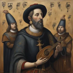 This original painting portrays the indifference of ordinary people toward the songs of minstrels. The head symbolizes a commoner, with musical notes representing the melody passing straight through from one ear to the other. I chose a somber tone and a medieval aesthetic to reflect the historical context in which the piece is set.