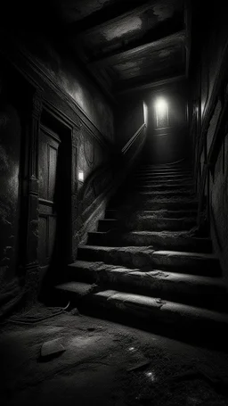 A stair from underground to another room with hood ed shadow ,in darkness reigns supreme, swallowing light and casting an eerie gloom. Jagged rocks jut ominously, shadows dancing with unseen creatures. Sinister shapes glide, eyes gleaming in the murky depths. Distant rumblings and creaking sounds fill the water, sending shivers. In this desolate underworld, fear of the unknown pervades every corner, where the slightest movement evokes terror. It's a realm where nightmares manifest, and the deep,