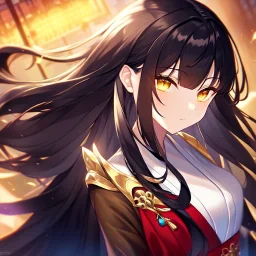 girl, masterpiece, best quality, volumetric lighting, detailed outfit, perfect eyes, black hair, golden eyes, long hair, kimono,