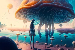 woman standing on the shores of an alien world, with mushrooms with jellyfish tentacles, floating in the air, photorealistic, Detailed Matte Painting, Deep Colour, Fantastical, Intricate Detail, sunshine