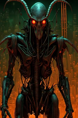 cybernetic Devil Mantis-- idolomantis made of:(electronics and illuminated neon wiring and machine parts) by:(h.r.Giger, Wayne Douglas Barlowe , philip jackson, alphonse mucha) camouflaging and mimicking postapocalyptic city background by Zdislaw Beksinski hyperrealistic, 8k resolution, concept art,dark,high contrast,poster art"