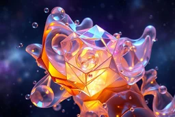Hypnotic translucent 3D fractal geometry evolving between fluid organic and precise geometric forms, iridescent glass with inner glow and suspended bubbles, smooth random translucent elements against a galaxy background, cinematic g