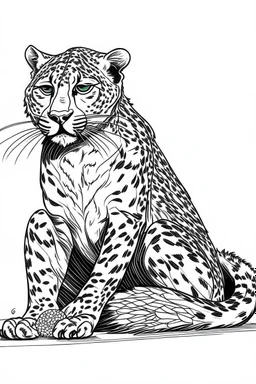 Outline art, cheetah eating food, full body, cartoon style, black and white, low detail, no shading, --ar 9:11