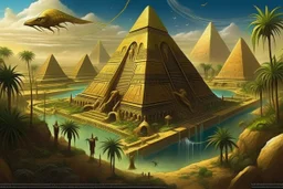 atlantis Egyptian pyramid of giza in the center of a lush maze garden of eden surrounded by a band of water that flows in The four rivers of Eden, this garden is a magical oasis surrounded by a vast and golden desert, Hyper Detailed Face, Photorealistic, Intricately Detailed, Oil Painting, Heavy Strokes, By Jean Baptiste Monge, By Karol Bak, By Carne Griffiths, Masterpiece, Unreal Engine 3D; Symbolism, Colourful, Polished, Complex; UH