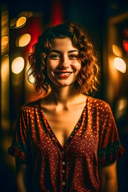 Photo of a happy women looking at camera, full body, wide shot, detailed skin, film photography, vintage, perfect body, cinematic lighting, realistic, sharp focus, very detailed, 4K HQ, depth of field, f/1.2, Leica, 8K HDR, High contrast, shadows, bokeh