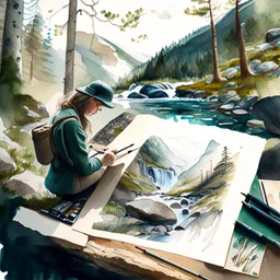 Illustrate a scene of artists exploring the wonders of Norwegian nature, sketching en plein air amidst forests, waterfalls, and meadows, showcasing the role of inspiration from nature in artistic endeavors.