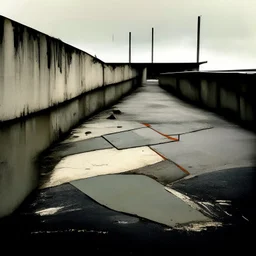 Minimal abstract oil painting in a desolate 1960s carpark concrete fragments and road markings. Broken pipes. Blurry outlines. In the style of Justin Mortimer and Francis Bacon.