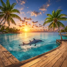 tropical island paradise, perfect photograph shot off a pier where dolphins swim nearby in azure waters, coconut trees lit against a brilliant sunset, photorealistic, high-resolution, reminiscent of South-Pacific views, by Joel Rae, by Michael Kincade, high complexity detail, 64 megapixels, HDR