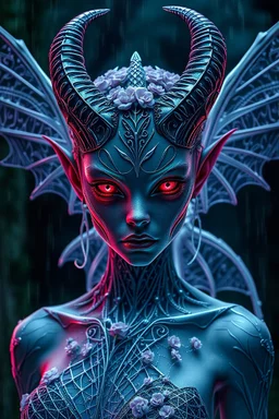 1. holographic simulation, beautiful xenobiotic alien demon with wings behind her on a night black forest background, floral beauty, super detailed face, bloody eyes, on night green forest and rain background, professional photo, 4k, high resolution, high detail, close-up, octane, body art, patterns, lavender color, white background, silver wire, artistic elven fantasy, filigree, dark botany, ultra detail, dark botany, photorealistic image