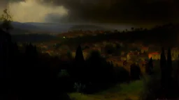 A dark Italian like city near a black forest painted by George Inness