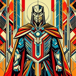 Create a high-definition art-deco style image of a character inspired by MCU's Thor. The image should feature bold, streamlined geometric shapes and a limited color palette of four striking colors that reflect the character's traditional color scheme. The character should be positioned front and center with a strong, symmetrical pose that highlights their most iconic features, such as Thor's cape and hammer. The background should incorporate stylized art-deco movement.