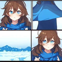 Clear focus, High resolution, A anime kid, cute, rough line skecth, star around kid, sparkling eyes, medium fluffy brown hair, blue sparkling eyes, 1girl (solo), wearing a blue snow cloak and a white shirt, comic with 1girl (solo), winter background, lots of dialoge