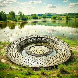 country side a calm lake ,a circular heavy plate with circle holes on it falls in the lake water and splashes of water