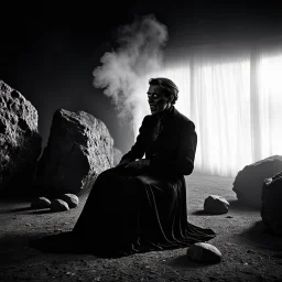 photo, 1920 horror movieshot, sitting, eaging, rocks, very odd objects in background, Ades, stunning photo, persone con sorriso falso e occhi, Charon, tenebroso, macabro, marcio, interno museo, fiotti di liquido nero che zampillano, hypermaximalist, strangeness, sundial light, odd, intricate, Lawrence Alma-Tadema style, albero, hypnotic, very accentuated details of the dress and skin, eerily mysterious, artistic photo, shot on Hasselblad, sadness, follia, smoke, daguerrotype