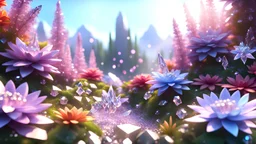 hyper realistic fairy landscape, sparkly flowers, crystals quartz bushes made of flowers and diamonds, realistic, background glitter colors, 4k, unreal engine 5, cinema 4d, HDR, dust effect, vivid and intense colors