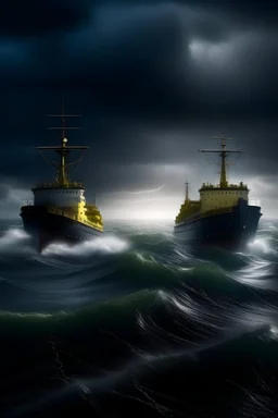 a mighty portrait of two ships in the ocean with electricity