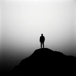 Award-winning fine art photography of a solitary figure standing at the edge of an endless mist-covered ocean horizon, minimal composition, soft monochrome palette, dramatic negative space, subtle film grain, natural diffused light, emotional storytelling, captured with Hasselblad medium format camera, 50mm fine art lens, museum-quality print aesthetic, ultra realistic, masterpiece 64k