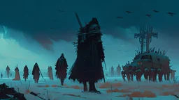 The army of the dead march, winter is coming, science fiction painting, Denis Sarazhin, Alejandro Burdisio, Romain Trystram, Simon Stålenhag, techno gothic, grim overtones, ominous sky, vivid colours, macabre narrative