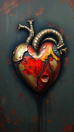 Bosch style painting , A rusty metallic heart in details on bargandy background