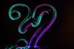 black background, outlines of a holographic question mark drawn from thin neon-coloured glowing lines