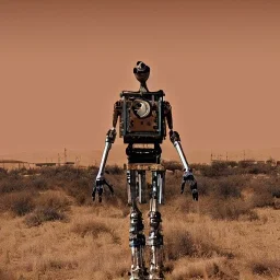 A robot whistling in the desert winds Rusty weathered and torn to pieces while the rain beats down on him