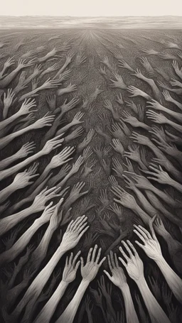 a field of thousands of hands of bodies buried in the ground not visible, horror, hands in different shapes coming out from the ground towards the sky Busch painting style nightmare and thin line draw