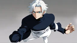 Satoru Gojo is a young guy white hair blue eyes black turtleneck without arms white loose pants in a defensive pose