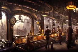 an intricately detailed digital illustration of a steampunk metropolitan city - scape inside of a steampunk double bacon cheeseburger, ultra realistic, concept art, intricate details, eerie, highly detailed, photorealistic, octane render, 8k, unreal engine. art by artgerm and greg rutkowski and charlie bowater and magali villeneuve and alphonse mucha