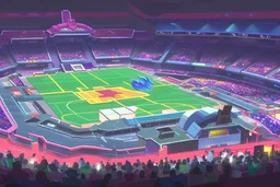 a Pokémon wrestling stadium with many lights and a big crowd, cell shading