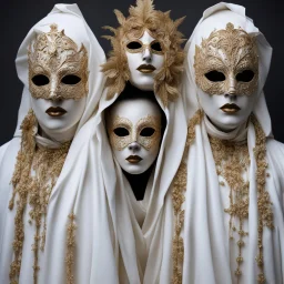 "Eyes wide shut" movie inspired masks, hyperreal, creepy, cult masks worn by people in white ceremonial robes