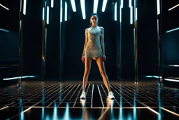 si fi a 3d recursive fractal environment color and light an extra beautiful supper modern girl wearing especial modern clothing gracefully posing full body shot