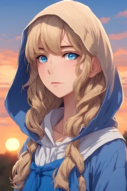 cool anime dievča s menom Ixpo s typom vlasov špinavý blond s modrý očami s modrou mikinou ktorá má kapucňu s pozadím pri západe slnka na spôsob na profilovku na youtube