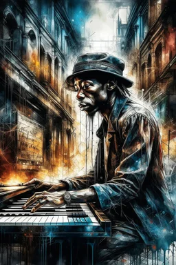 A ultra realistic poster of an African guy playing the piano , having word sign as “street art ”, by Daniel Castan Carne Griffiths Andreas Lie Russ Mills Leonid Afremov, black background, fine lines draw, smile, standing in the temple
