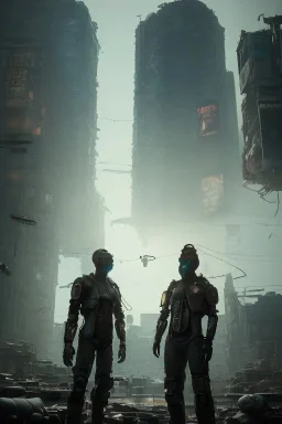 A portrait of post-apocalypse cyborg and a human looking at each other in a cyberpunk city, sci-fi fantasy style, volumetric lighting, particales,highly detailed,cinamatic, deep colours,8k.