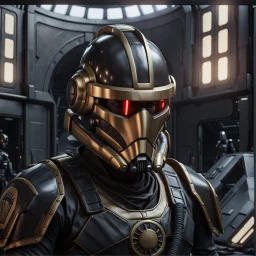 star wars bald male corellian pilot wearing pearlescent black and gunmetal grey First Order special forces heavy assault stealth commando armor and helmet with gold trim inside the jedi temple, hyperdetailed, dynamic lighting, hyperdetailed background, 8k resolution, volumetric lighting, light skin, fully symmetric details