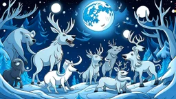 fantasy cartoon illustration: The Arctic animals are bustling with excitement beneath a full moon as they prepare for Christmas.