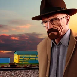 Walter White and his family with a train, 8k, realistic body, with a fedora, sunset background,