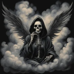 women sitting on a dark background. Her their face turned upwards and blows cigarette smoke from their mouth, The dominant colors are black and gray. It depicts a figure with wings emerging from its back. a hooded skeleton can be seen behind the clouds of smoke.