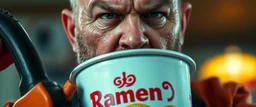 close up portrait of a ramen bucket that looks like a chain saw wielded by serious angry bald law man, in cinema