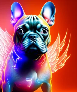 a detailed illustration of a french bulldog, phoenix bird wallpaper, luminescent body, full body, symmetrical body, realistic, glowing muscles, sharp focus, meticulously detailed, soft evening sky, 64k, french bulldog angels