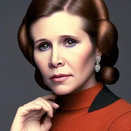 analog style, Beautiful photorealistic color close up face of carrie fisher, realistic skin, rim lighting, sharp eyes, dark plain background